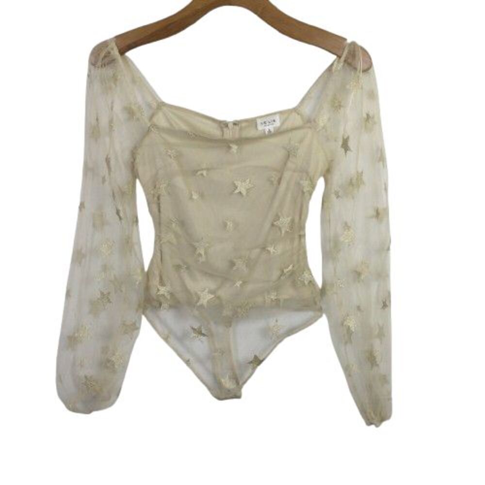 Le Lis Womens Sheer Mesh Star-Embroidered Bodysuit Star Print Beige Size S